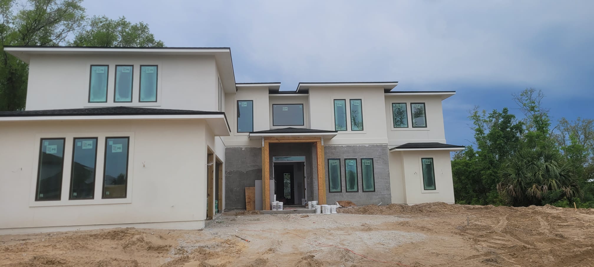 Two-story modern home stucco exterior
