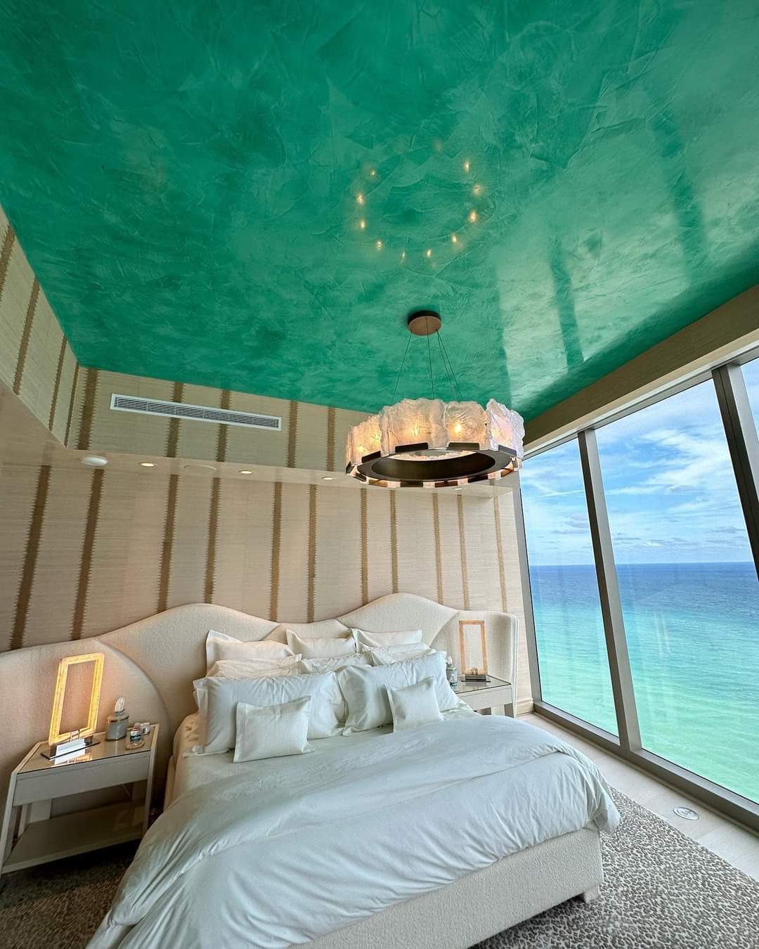 Venetian plaster emerald ceiling oceanfront bedroom
